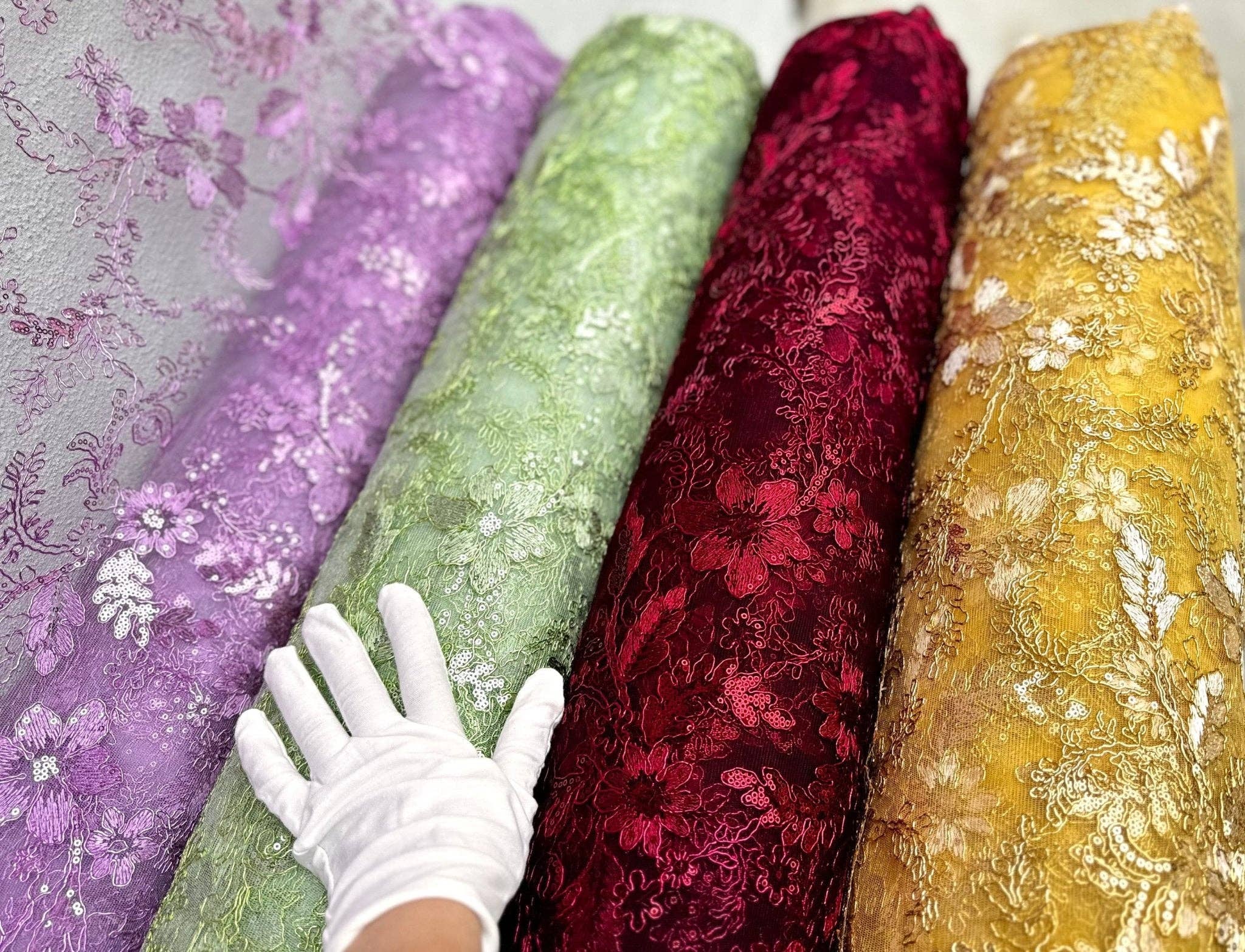 GalaTextile - Wholesale Fabric - Floral Embroidered Lace Corded Fabric With Sequins Fabric by the yard Non Stretch Shiny Floral Fabric with Sequins On Lace for Apparel Gowns7