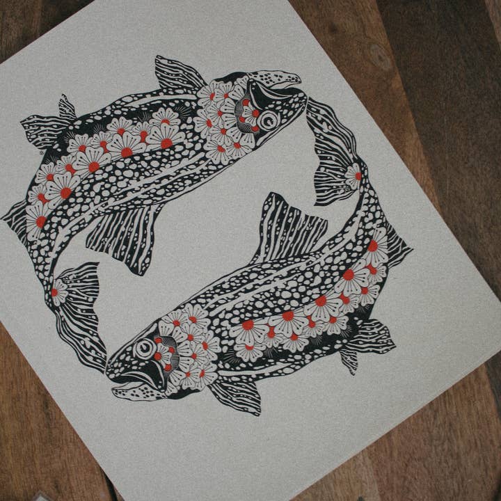 White 'Fish Love' Print by Parrott Paints for wholesale on Faire