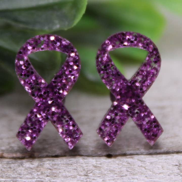 Ruban de sensibilisation violet à paillettes || Boucles d'oreilles à tige || Hypoallergénique pour la vente par Hylidae Boutique