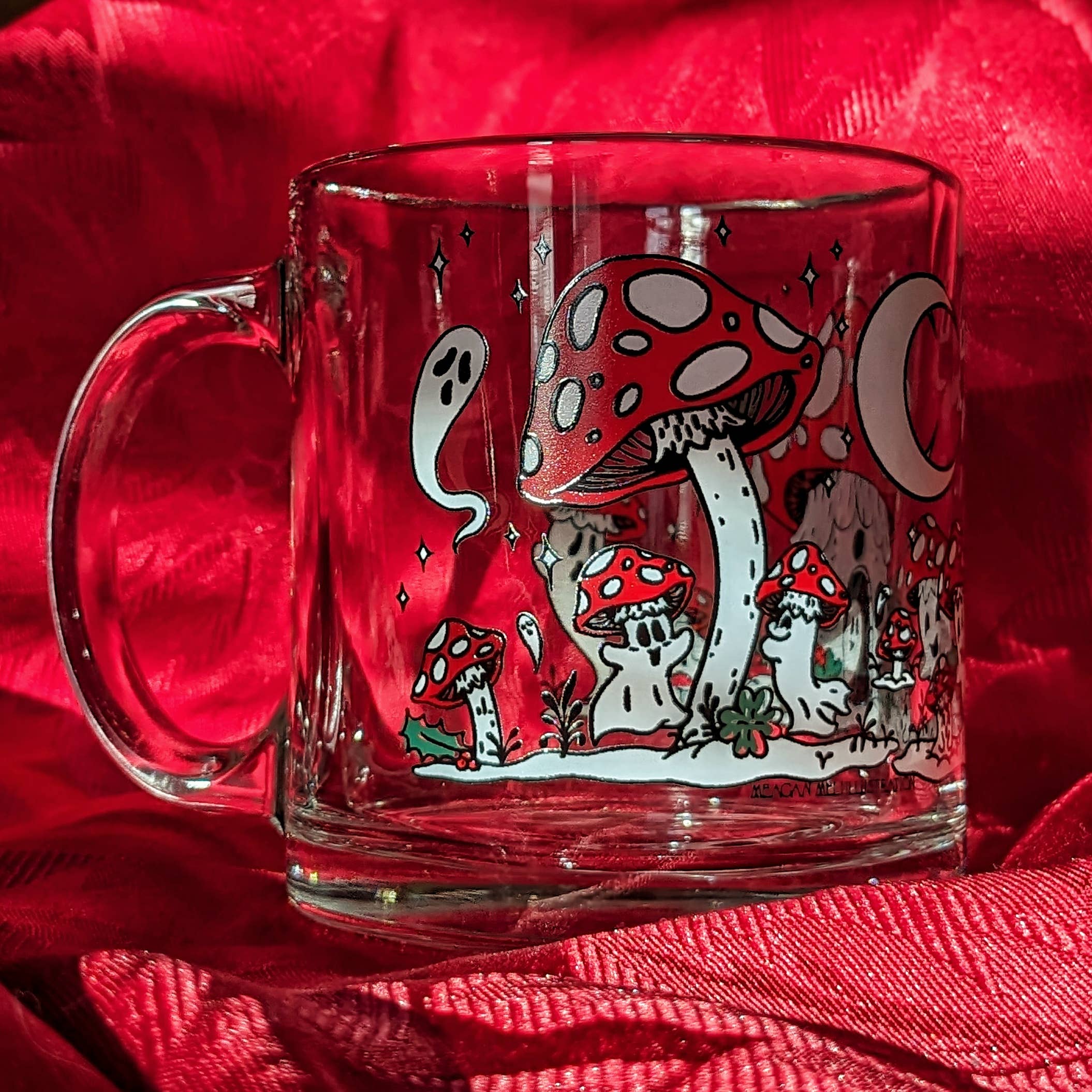 Meagan Meli Illustration - Wholesale Coffee Mug - Ghost Mushrooms in the Snow Glass Mug1