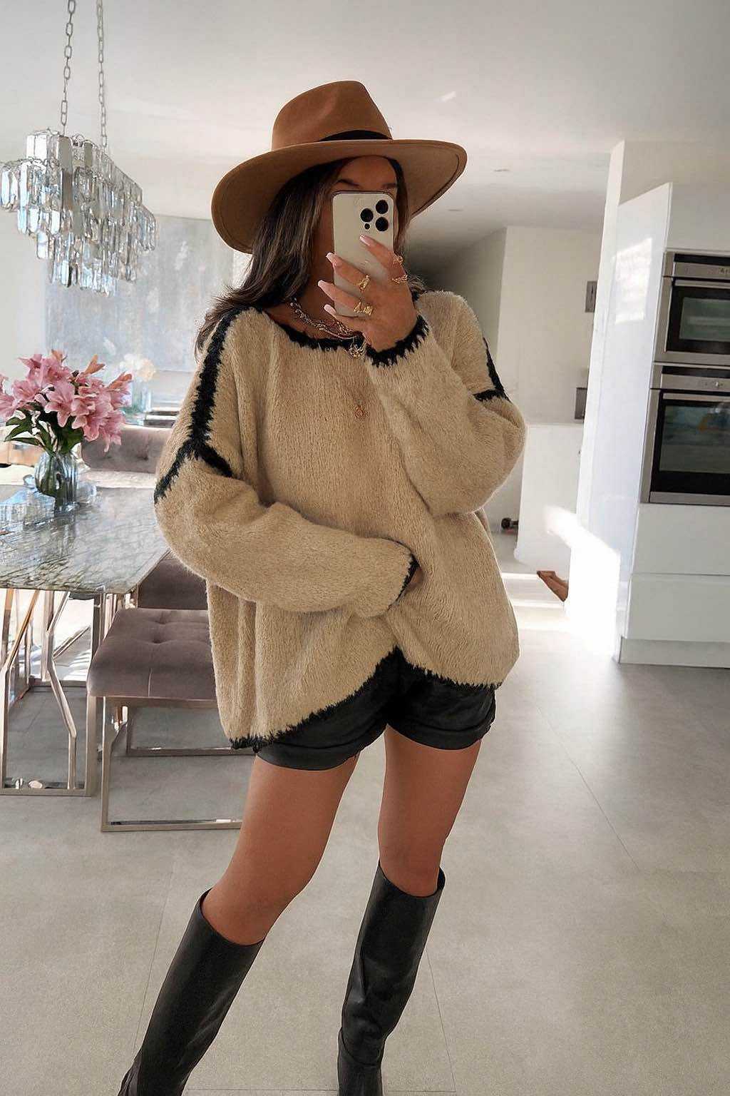 Sten Eulienne Kontrast Trim Långärmad Stickad Tröja-Sten för wholesale på Faire0