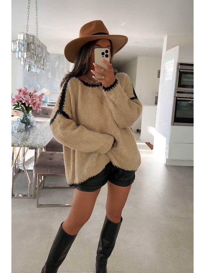 Stone Eulienne Contrast Trim Long Sleeve Knit Jumper-Stone for wholesale on Faire