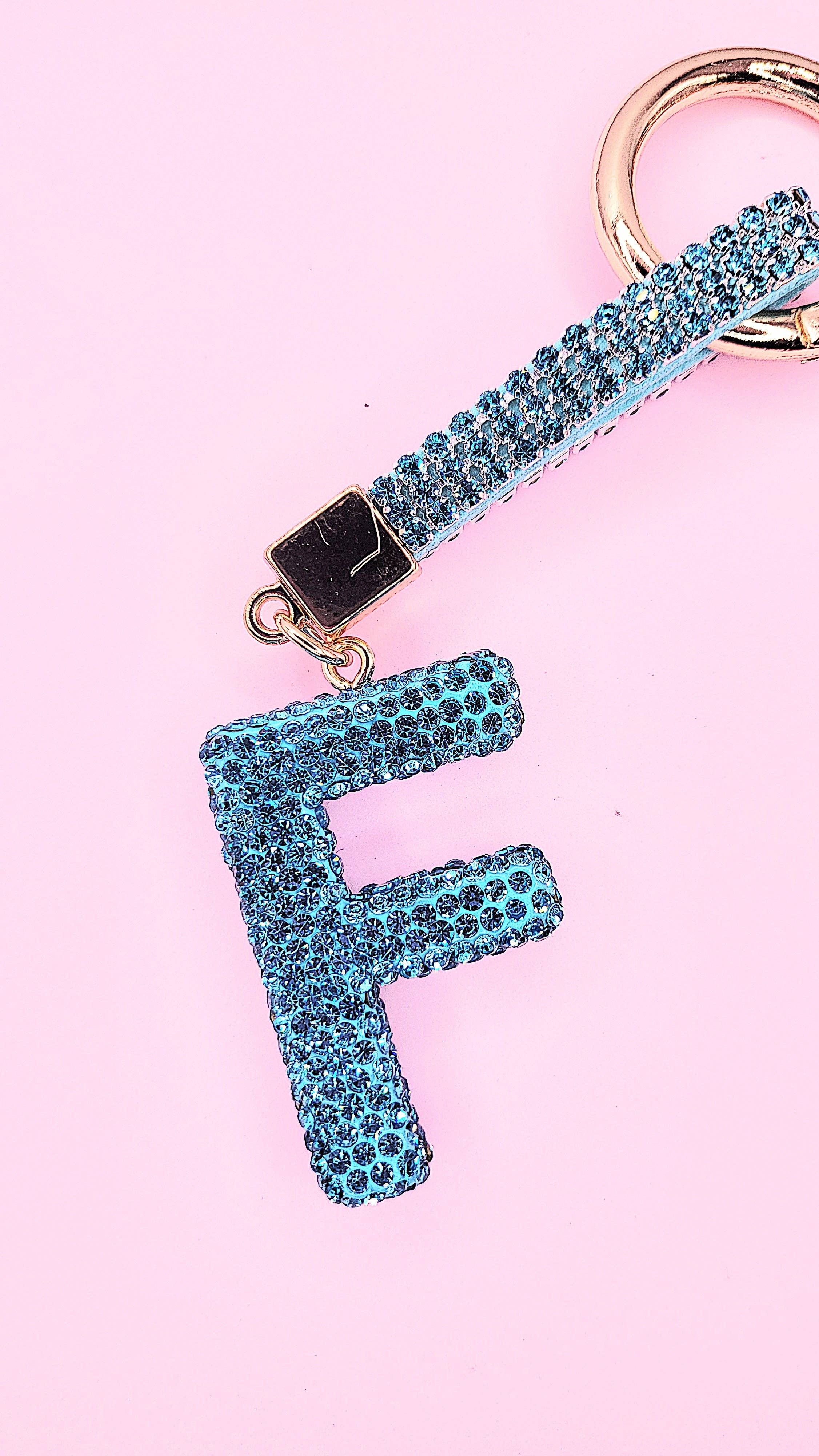 Silver Initial Letter Blue Crystal Key Ring & Bag Charm for wholesale on Faire5