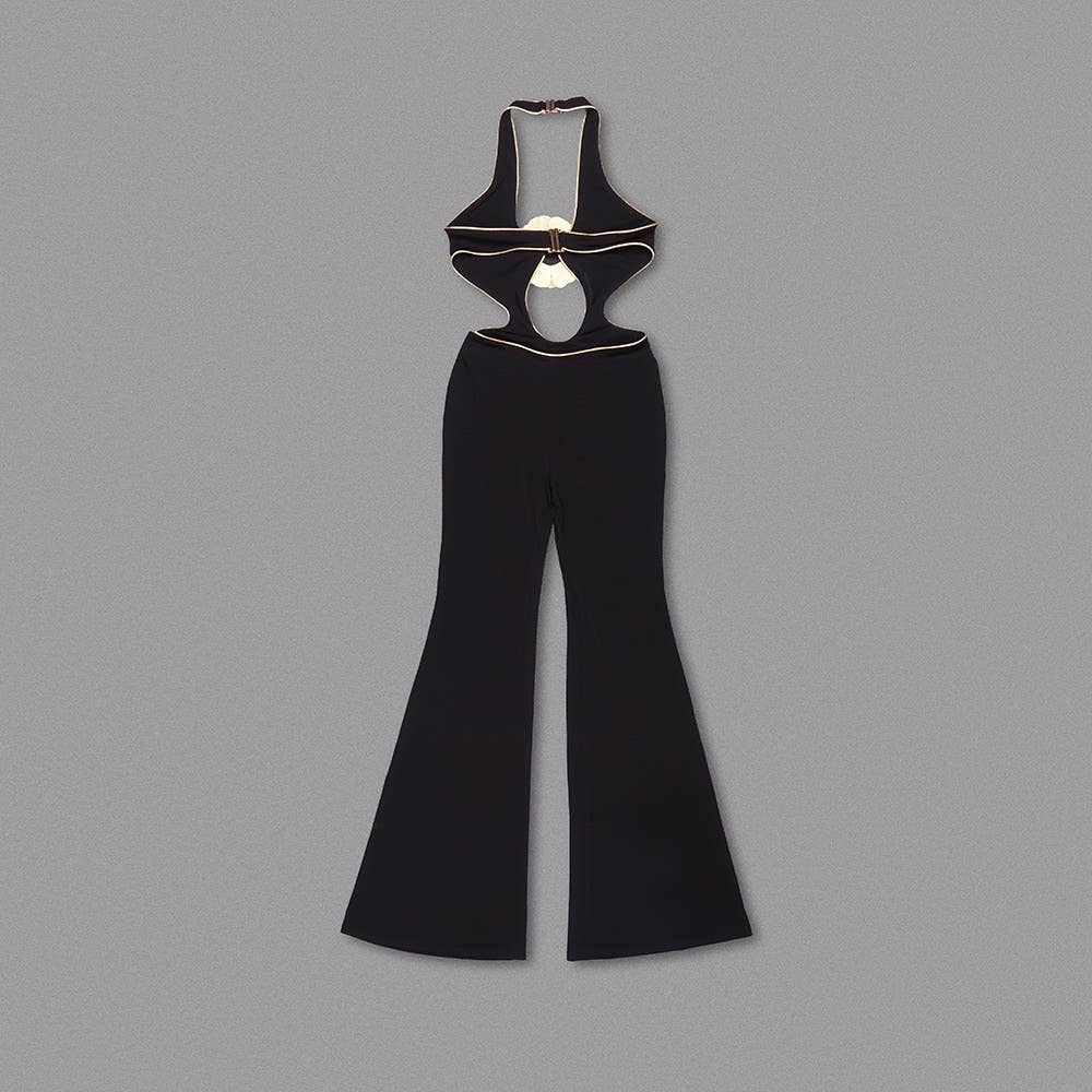 Preto JP22 Macacão sem Costas com Halter e Detalhe Floral Dourado 3D para venda a revendedores na Faire9