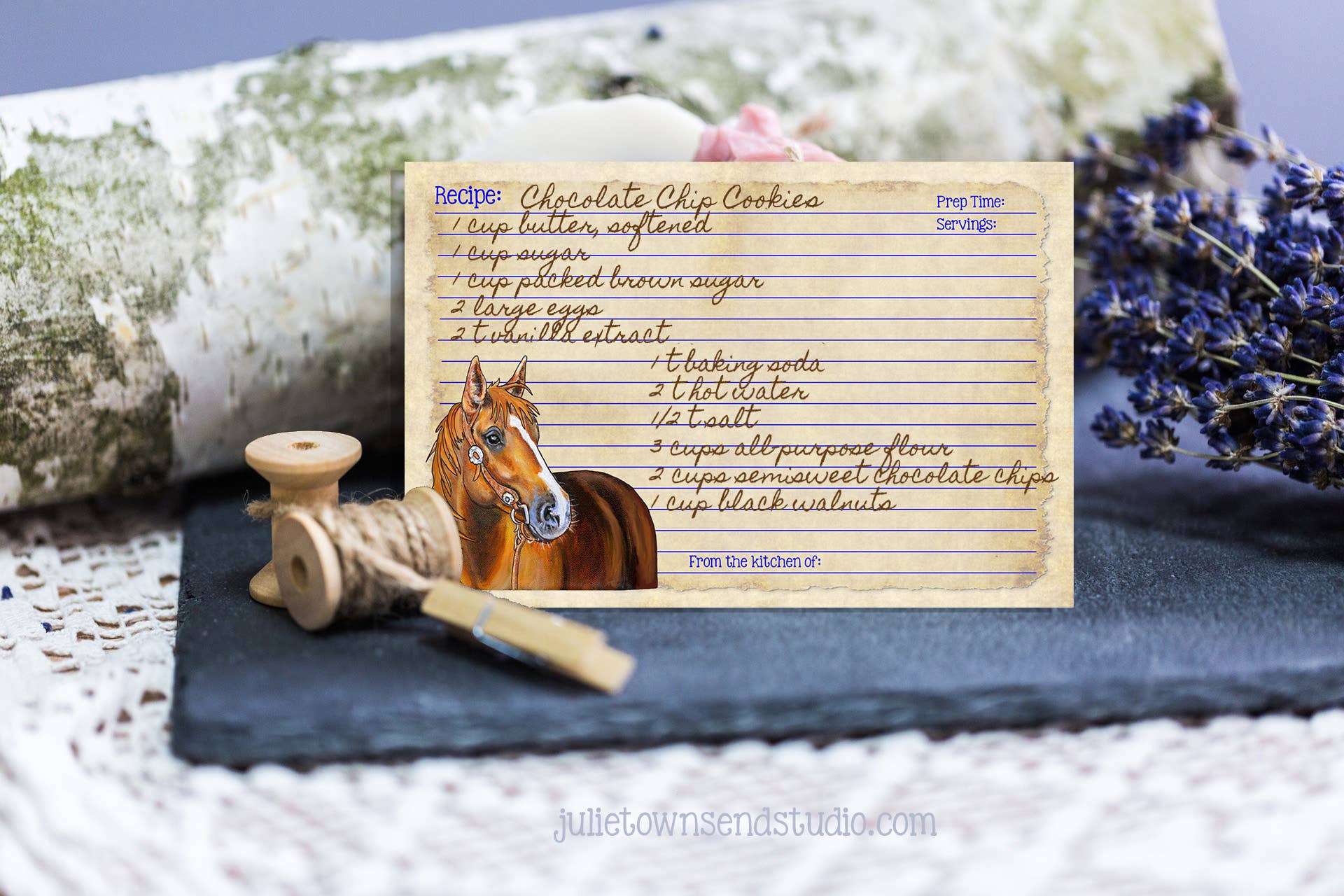 Julie Townsend Studio - Wholesale Recipe Card - Recipe Cards - Set of 12 Cute Horse Recipe Cards - Dusty 1124