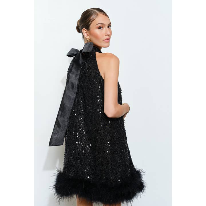 INA - Wholesale Dress - Women's - Sequin Feather Trim Bow Back Halter Mini Dress0