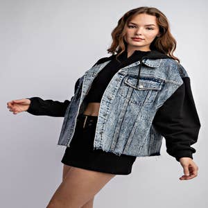 Wholesale Long Sleeve Contrast Terry Sleeve Hoodie Denim Jacket for your  store - Faire