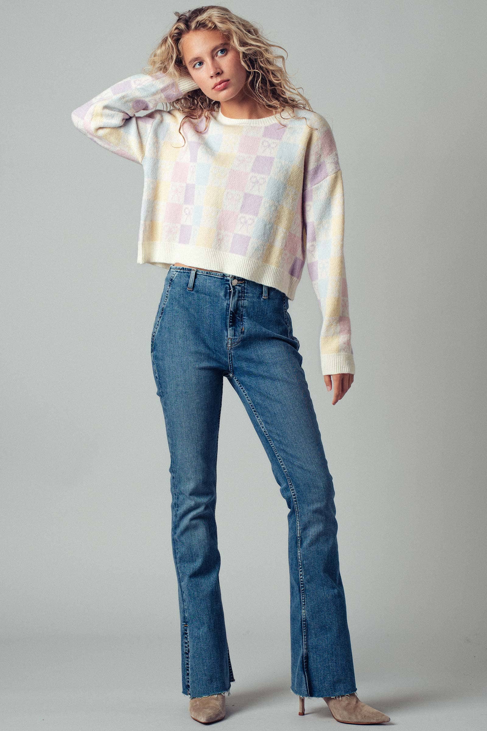 Pastel Checkered Coquette Bow Knit Sweater for wholesale on Faire8