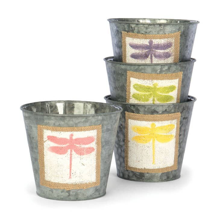 Pastel Dragonfly Garden Round Tin Planter Floral for wholesale by Willow Group