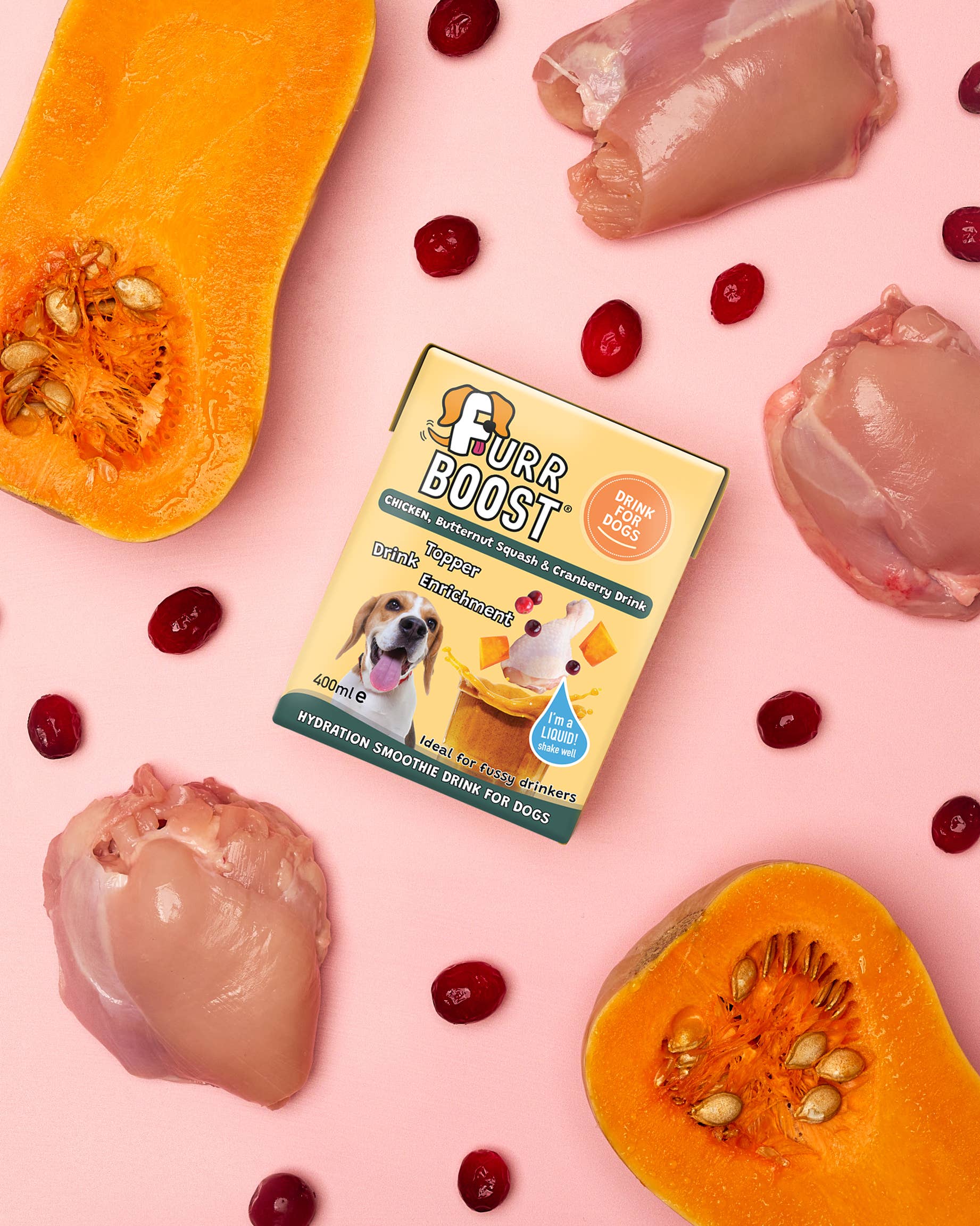 Furr Boost – wholesale Pet treats – Dog – Chicken, Butternut Squash and Cranberry Half Case 6x400ml5