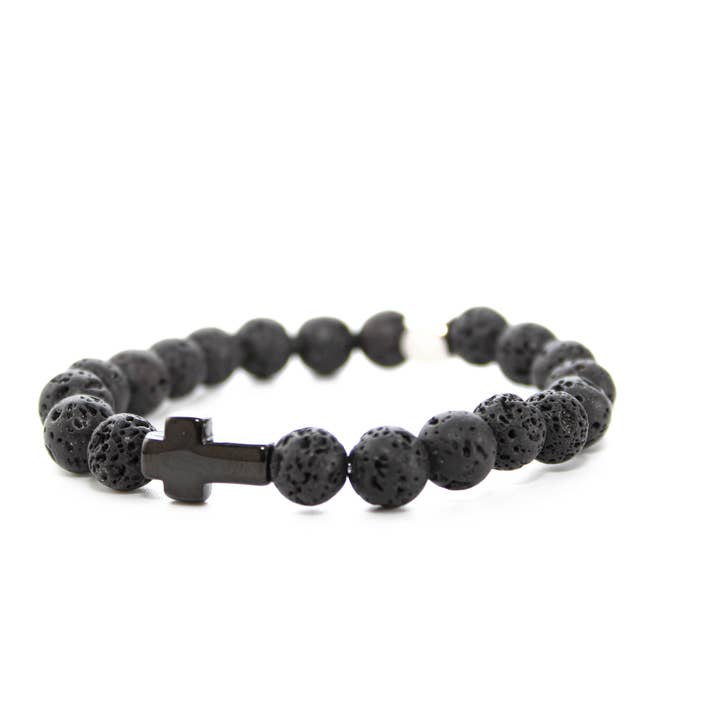 Bracelet croix noire en pierre de lave noire 8 mm pour la vente par Purestone