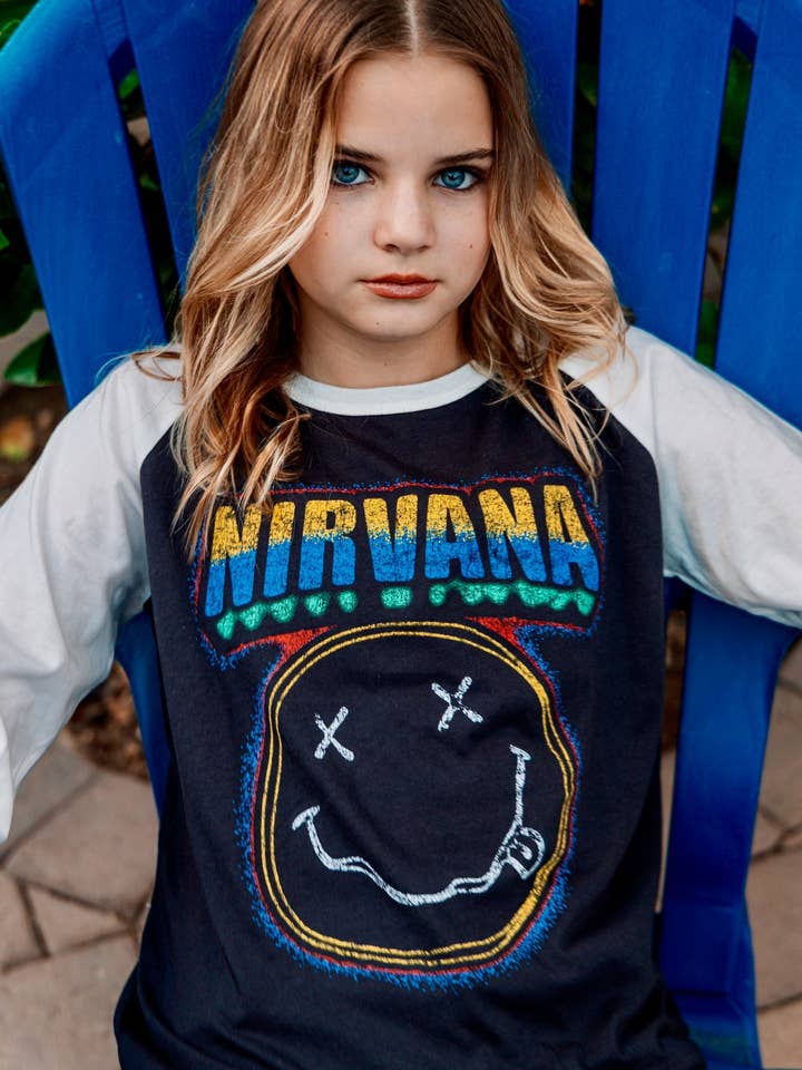 Rowdy Sprout - Wholesale Screen-printed t-shirt – Kids - Nirvana Retro Smiley Recycled Raglan1