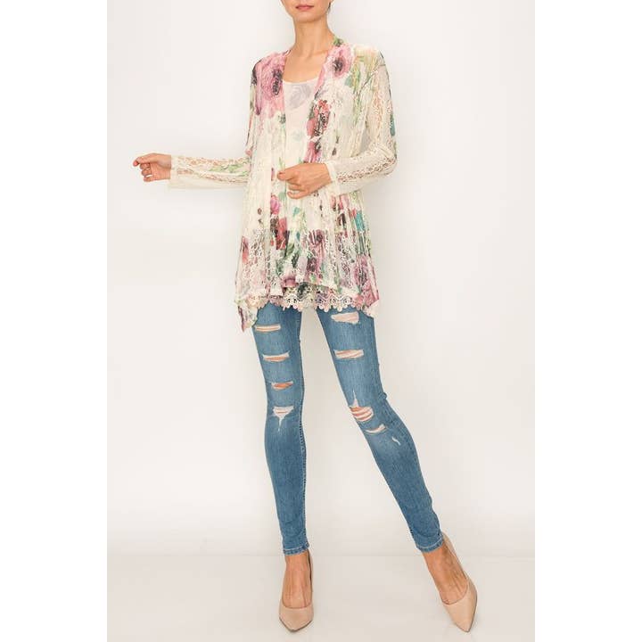 Feminine Stretchy Snug Long Sleeve Lace Cardigan - 493BIG ROSE for wholesale by Origami Apparel ~ Lace and Crochet inspired