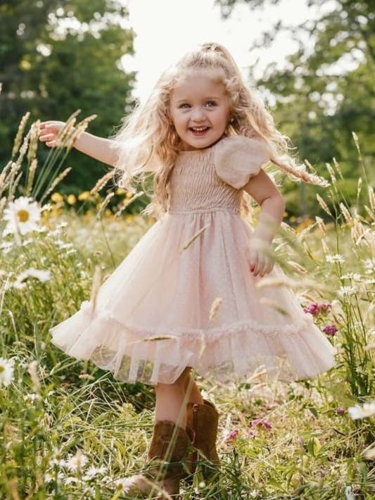 Smocked Dots Tulle Dress - Champagne for wholesale by Bailey's Blossoms