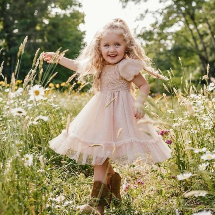 Bailey's Blossoms - Wholesale Dress - Kids - Smocked Dots Tulle Dress - Champagne0