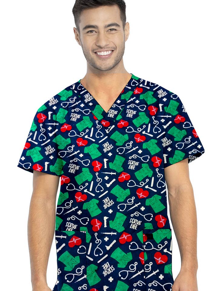 Scrubandmore - Wholesale Healthcare uniform – Men's - Scrub Life Printed Top V Neck 2 Pocket Half Sleeve