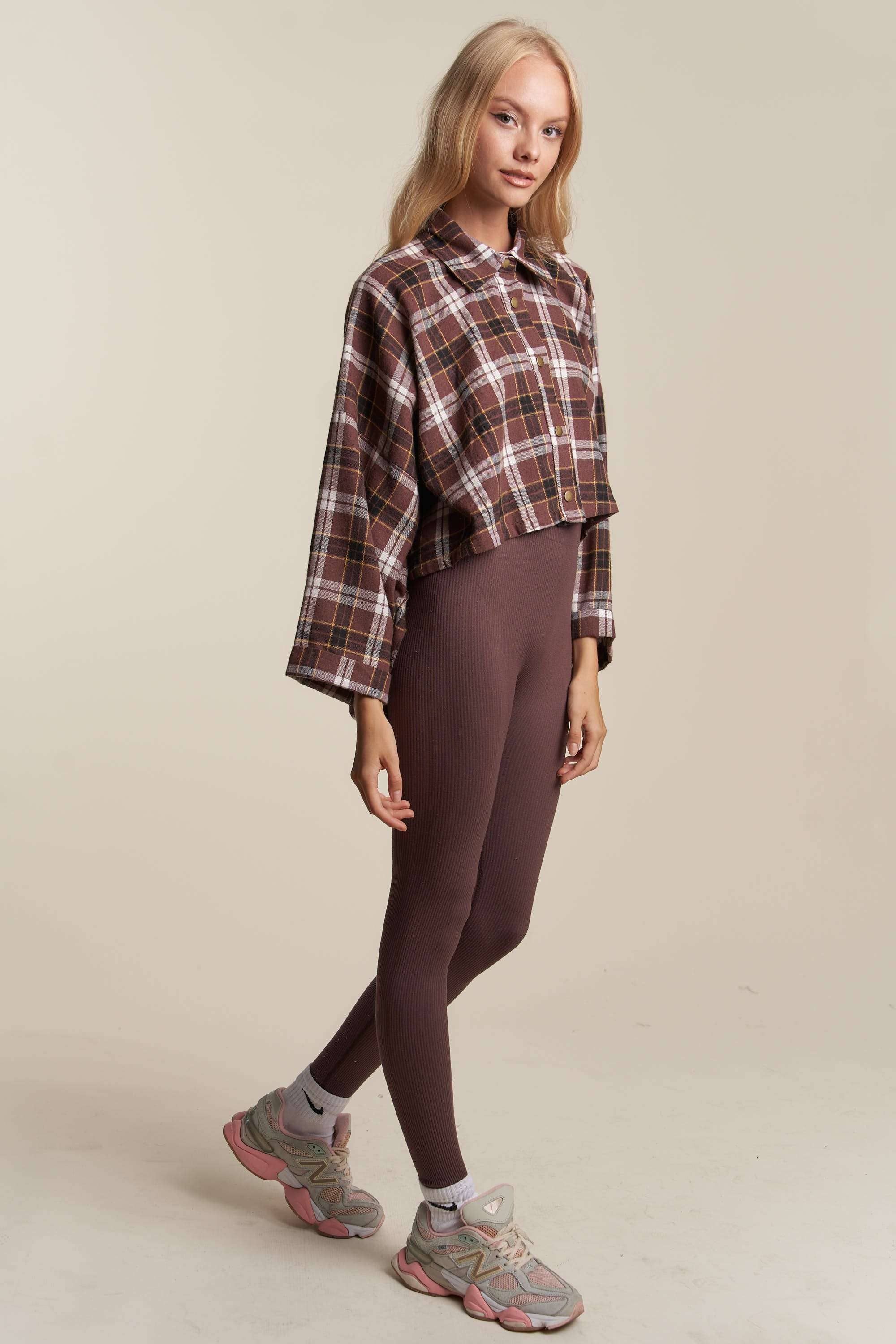 BROWN COMBO WIDE SLEEVE SNAP BUTTON DOWN PLAID SHIRT JACKET for wholesale on Faire16