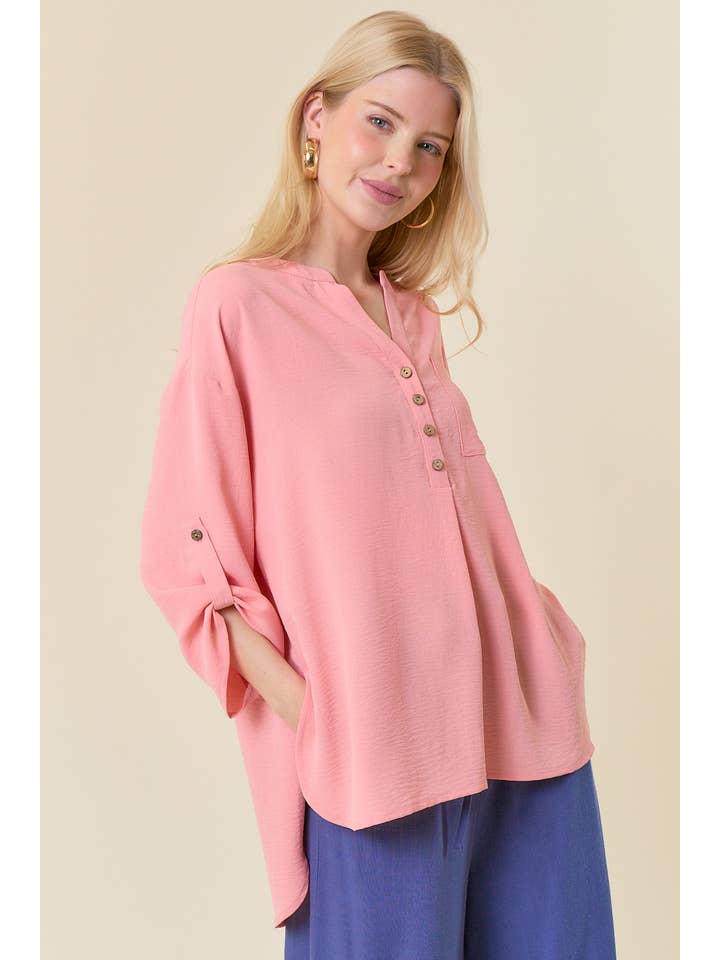 Doe and Rae - Wholesale Tunic - Women's - HALF BUTTON HI-LO BLOUSE - 43942T