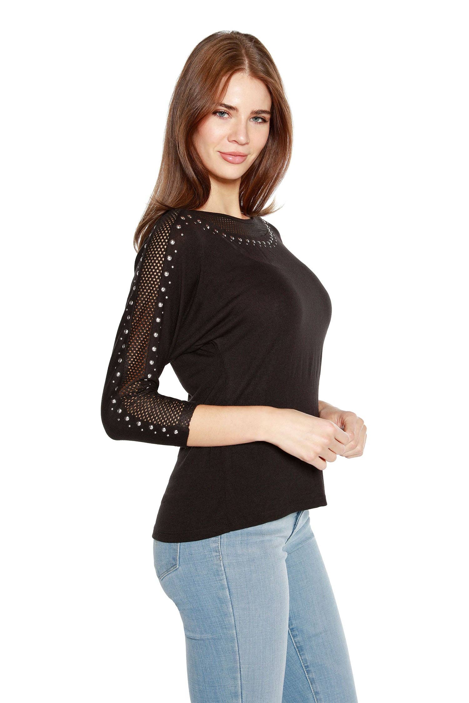 Black Women's Dolman Top with Studs and Mesh for wholesale on Faire3