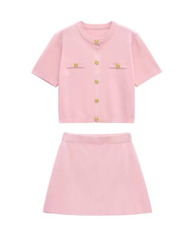 Button-Down Knitted Crop Top & A-Line Skirt Set(C) for wholesale by BELLISSIMA FASHION