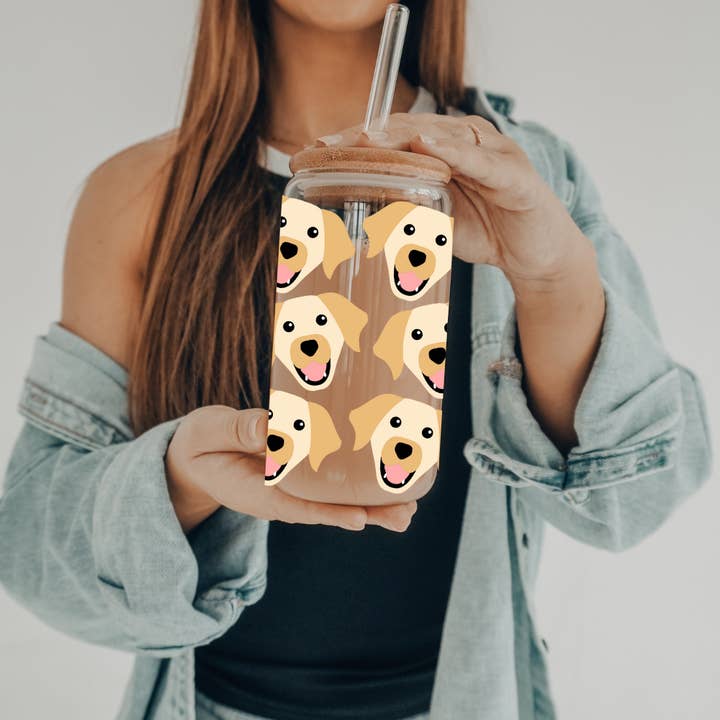 SKS Design Studio - Wholesale Drinking Glass/Cup - Labrador | 20 oz Glass Tumbler with Bamboo Lid & Straw