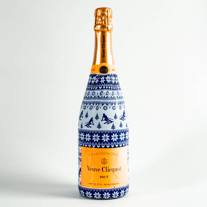 Beau Bottles Blue and White Knitted Ski -Made for Veuve for wholesale by Beau Bottles