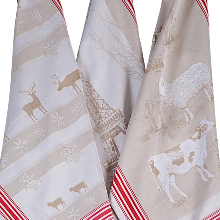 Mierco European Linens - Wholesale Tea Towel - European Red-Taupe Jacquard Tea Towel - Reindeers/Snowflakes
