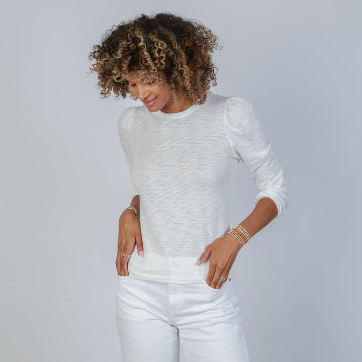 Joanie Subtle Puff Long Sleeve Tee w/Elastic Cuff in Ivory for wholesale by erin gray