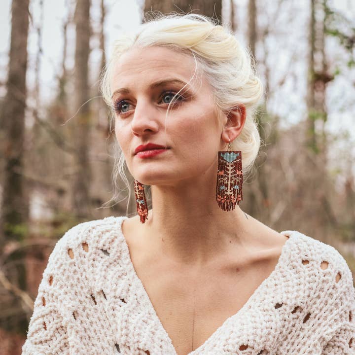 Mayana Designs Co - Wholesale Dangle Earrings - Beaded Handwoven Vintage Flower Fringe Earrings (Cream/Red)2