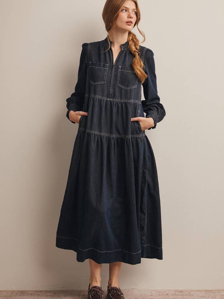 Western Tiered Denim Maxi Dress FD0014 for wholesale by Forte