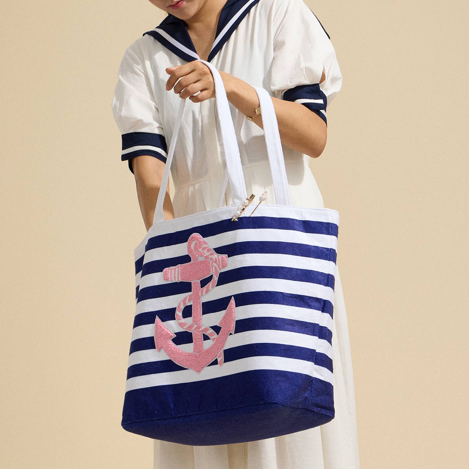 Frem - Wholesale Beach Bag - Striped Tote Bag with Anchor Design3