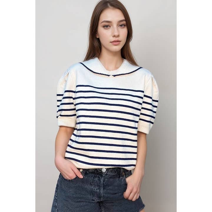 Striped Sailor Collar Short Sleeve Sweater for wholesale by LIME N CHILI