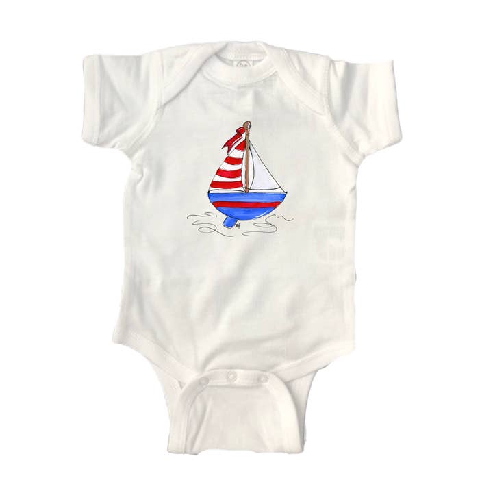 Katoenen bodysuit met korte mouwen 1070 Rood, Wit, Blauw Boating voor wholesale door Designs By Beverly, LLC