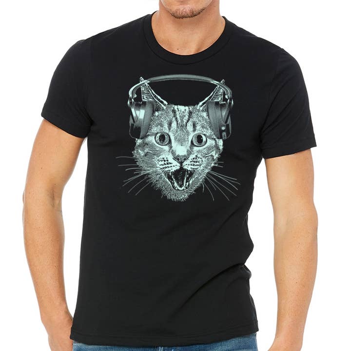 MISSION THREAD CLOTHING – Großhandel T-Shirt mit Siebdruck – Herren – Katzen-T-Shirt mit Kopfhörern für Herren, Katzen-DJ-Shirt für Herren