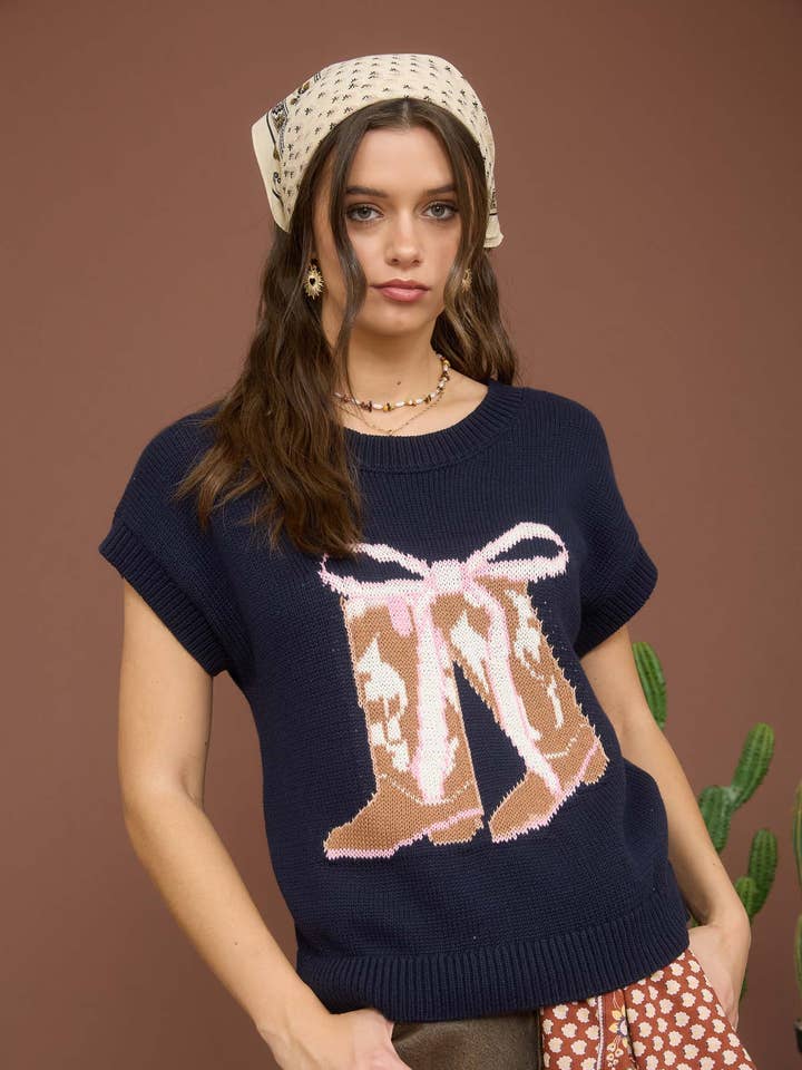 BOOT BOW JAQUARD SHORT SLEEVE KNIT SWEATER for wholesale by Blu Pepper
