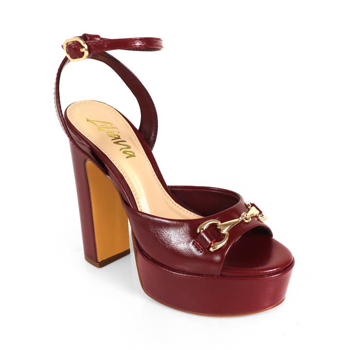 JOSY-12 SANDALE À BRIDE CHEVILLE AVEC CHAÎNE DE MORS PLATEFORME TALON ÉPAIS BORDEAUX pour la vente par Liliana Shoes