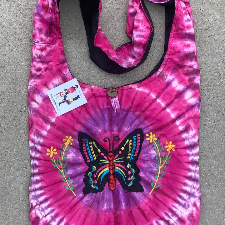 Tie Dye Hippie Hobo Crossbody Butterfly Bag Purse Nepal for wholesale by Lungta Imports