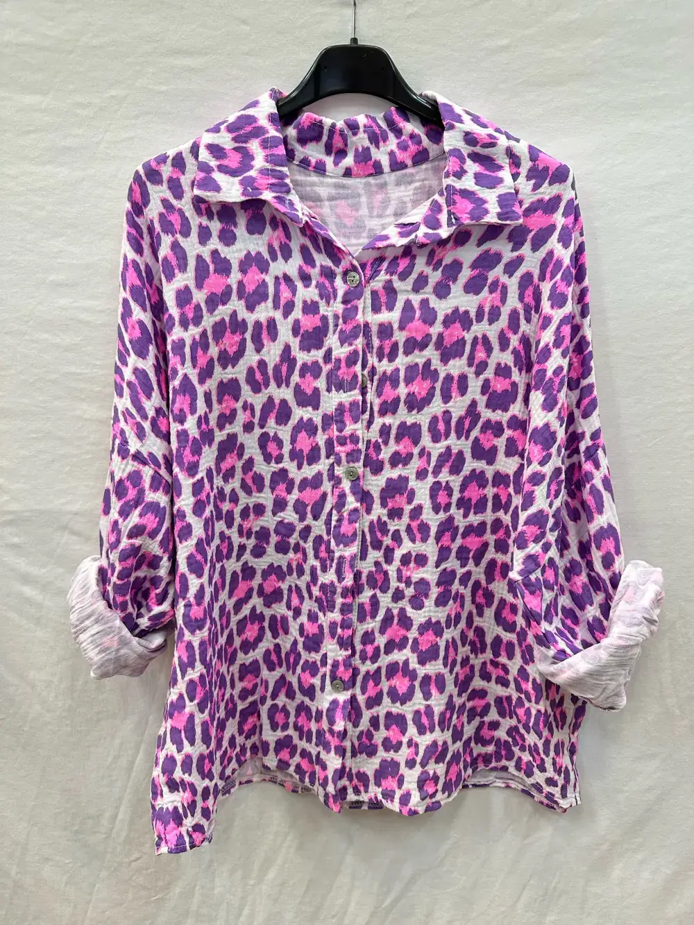 Mimi & Gogo - Vendita all'ingrosso Camicia button down - Donna - Camicia in garza di cotone con leopardo @8800_ChLeoGaze5