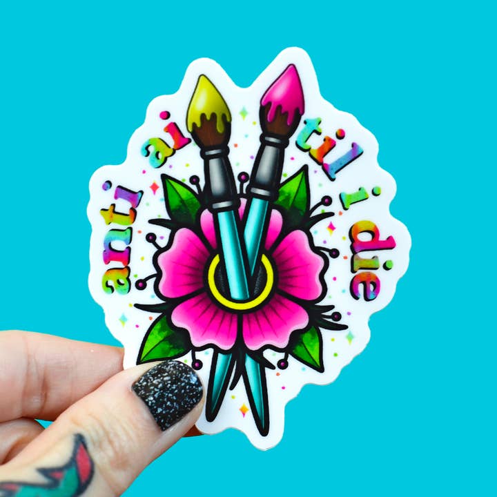 anti ai til I die / floral paintbrush vinyl sticker for wholesale by jesiiii