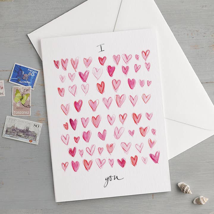 'I Love You' Romantic Red & Pink Hearts Love Card for wholesale by Gabrielle Solly Illustration