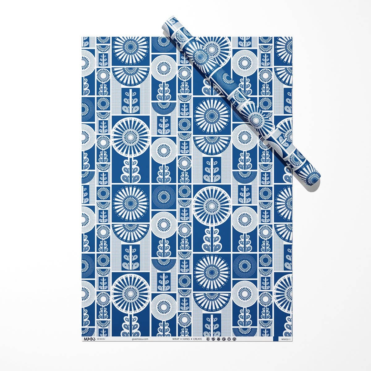 MASU - Wholesale Flat Wrap - Blue Flower Folk Art Recycled Wrapping Paper Sheet4