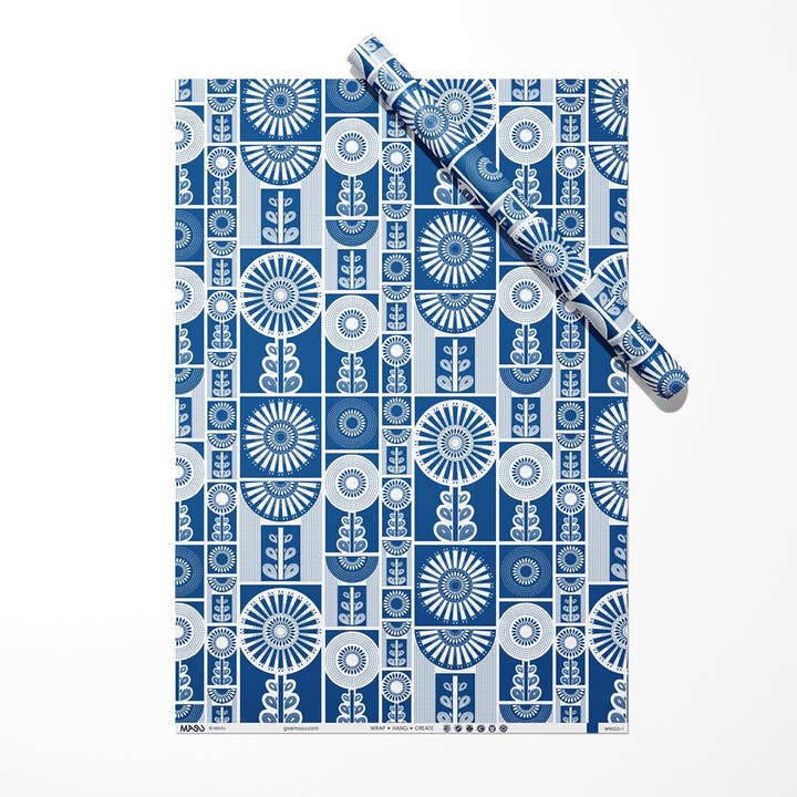 MASU - Wholesale Flat Wrap - Blue Flower Folk Art Recycled Wrapping Paper Sheet4