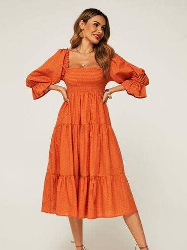 FS Collection – Engroshandel Kjole - Dame – Puff flæse ærme elastik detaljer Midi kjole i orange