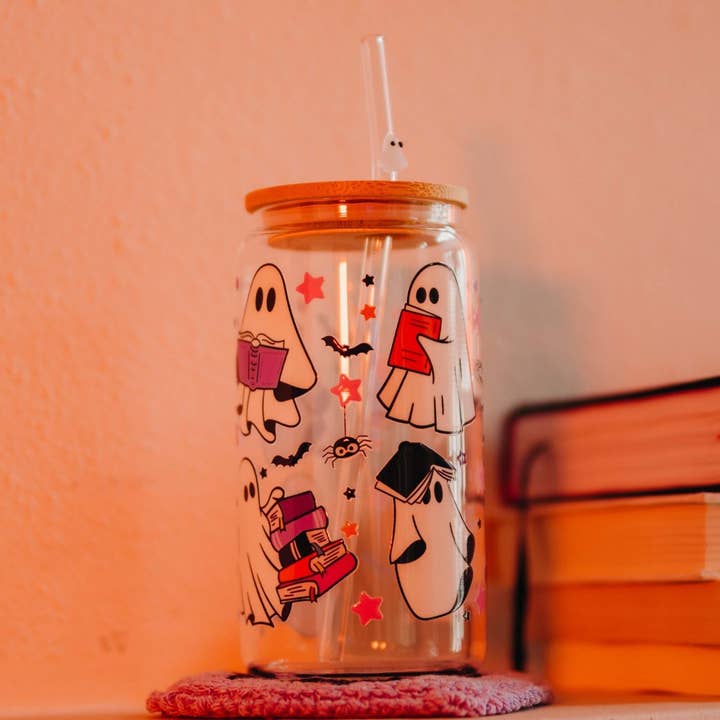Sip-Sip Hooray! - Wholesale Drinking glass/cup - Ghosts and Books Glass Can With Lid and Straw1