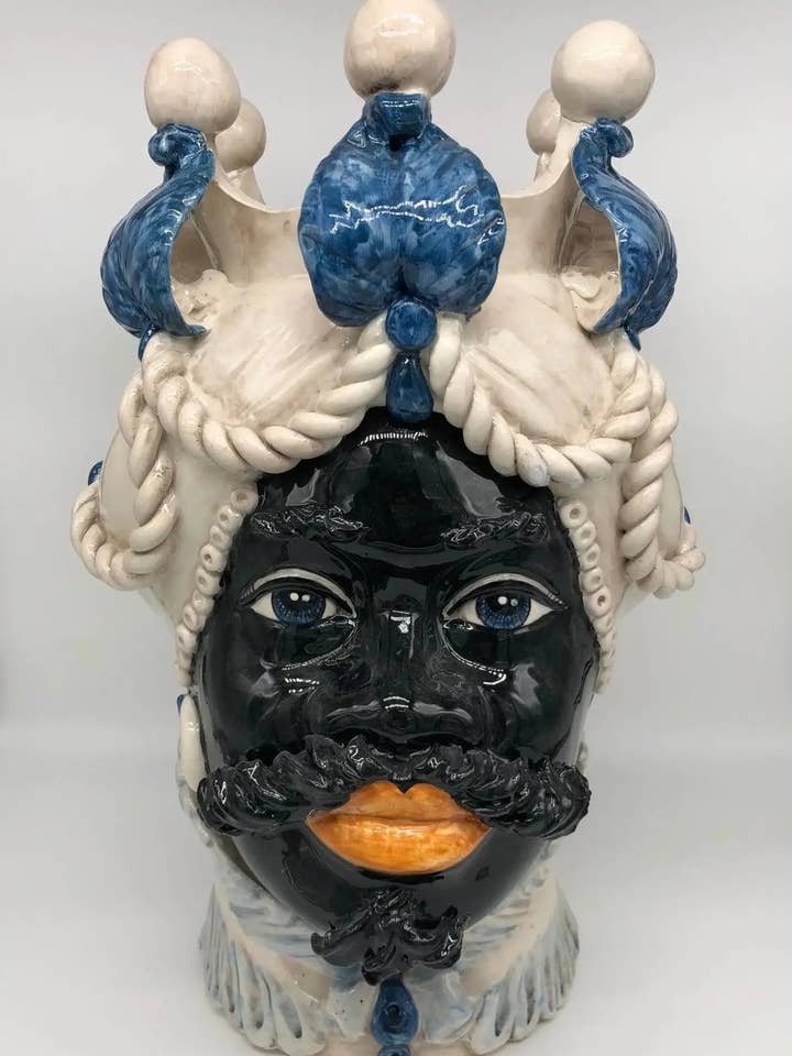 Zephyr Moor's Heads Caltagirone Ceramic cm H.43 L.26 Artisan Ecru Blue Leaves for wholesale by DD Ceramiche Siciliane