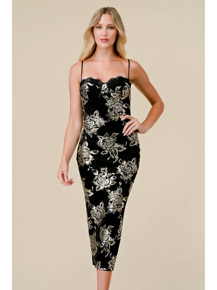 Preto/dourado CD41180: VESTIDO MIDI DE RENDA COM DECOTE EM CORAÇÃO ESTAMPADO FLORAL para venda a revendedores na Faire