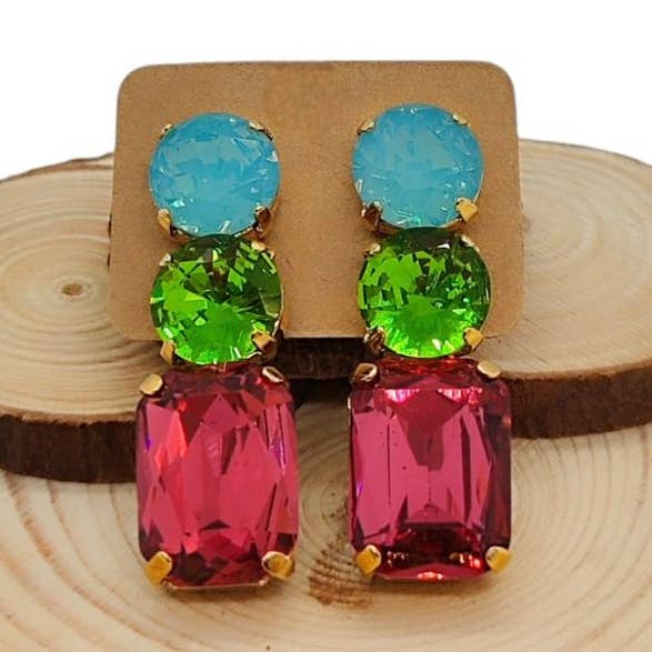 Orecchini a doppia combinazione: opale turchese/olivina/rosa per la vendita all'ingrosso da parte di QUÉ MÁS JEWELS