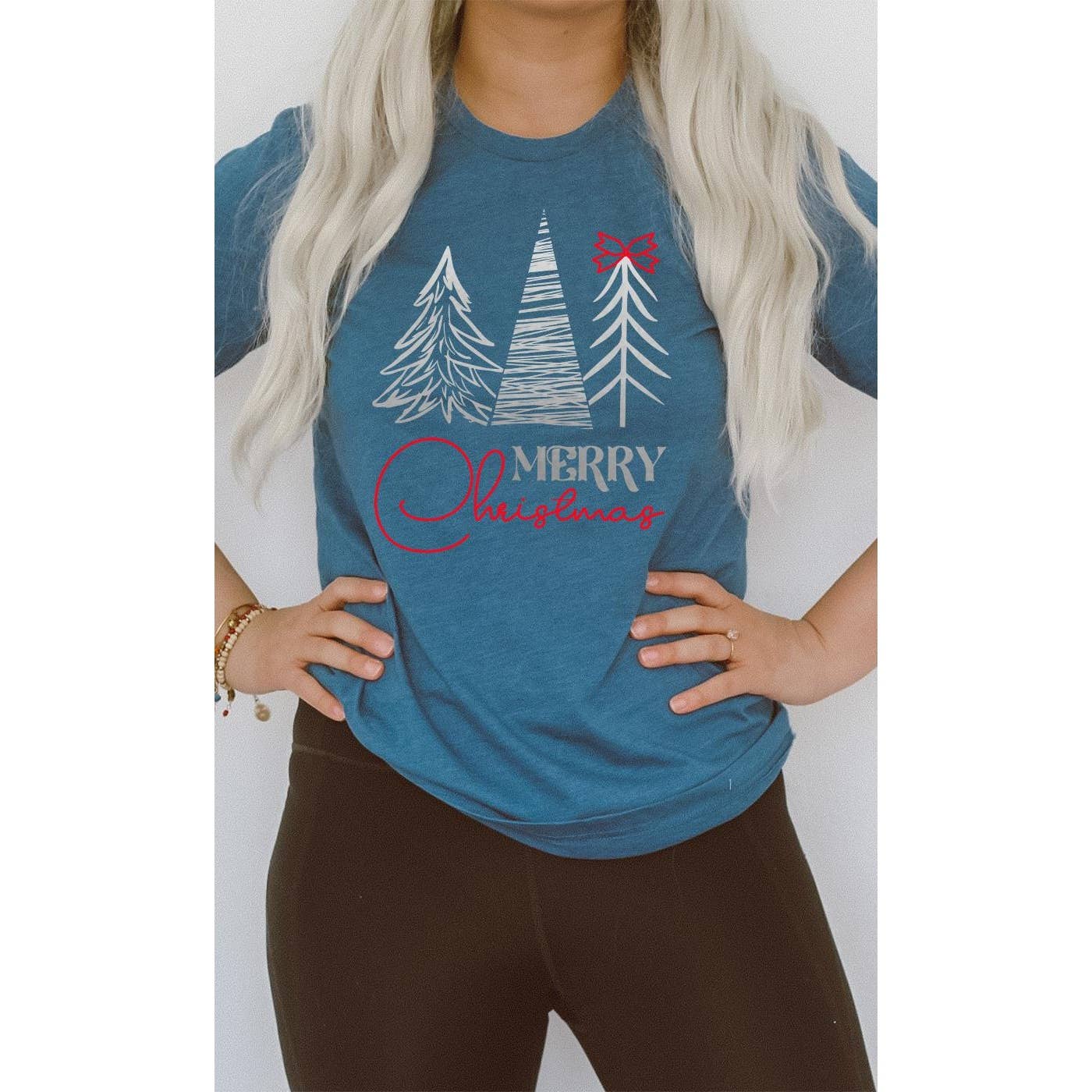 Kissed Apparel - Wholesale Screen Printed T-Shirt - Women's - Merry Christmas, Silver Pine Trees, Red Bow, Holiday Tee2