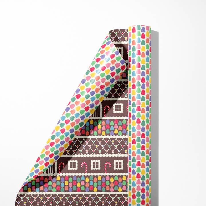 Gumdrops & Gingerbread House Double Sided Wrapping Paper for wholesale by Happy People Paper Goods