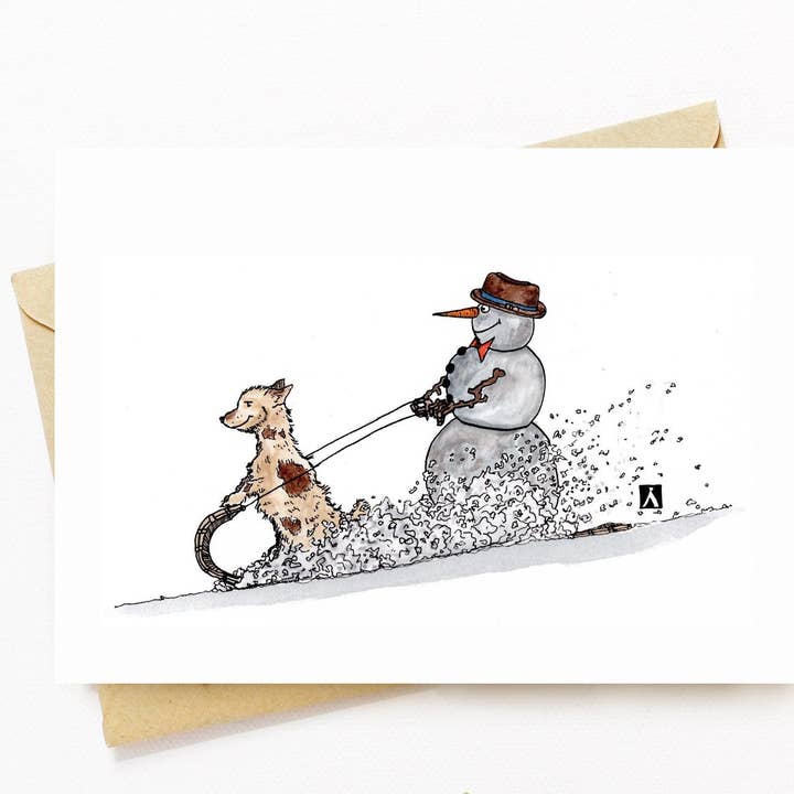 Christmas Card With Snowman And Little Dog On A Toboggan for wholesale by Bellavance Ink